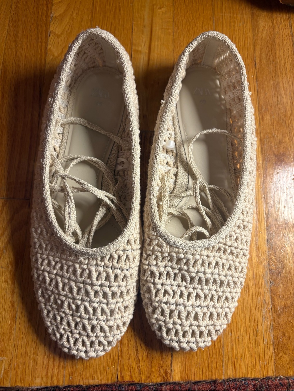 Zara Crochet Lace-Up Ballet Flats in Cream